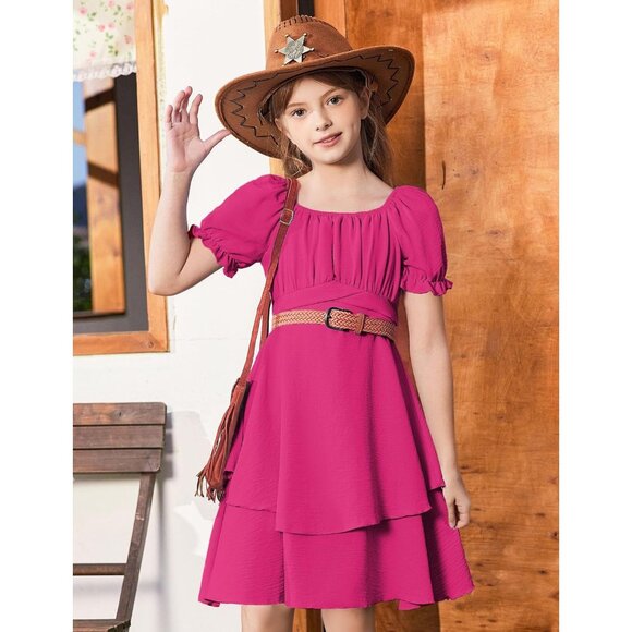 🆕Girls Rose Red Polyester Off Shoulder Puff Sleeve Ruffle Tiered Layer Party - Picture 5 of 9